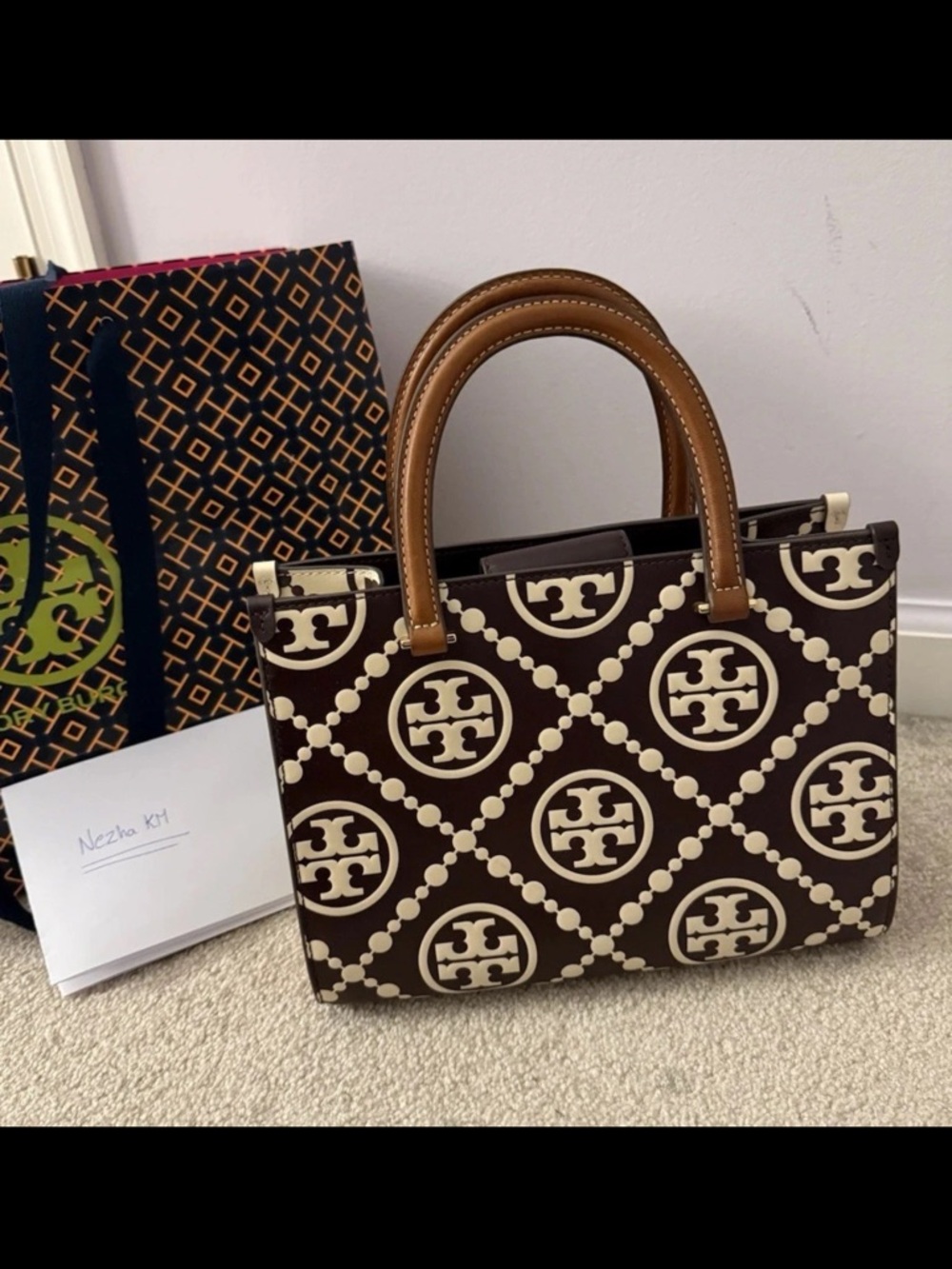 NWT Tory Burch T-Monogram Contrast Embossed Square Tote Marron/New Cream Rare - Picture 5 of 9